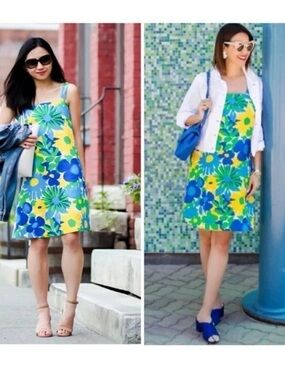 J crew Bright Floral linen blend Sundress in Blue, Green & Yellow